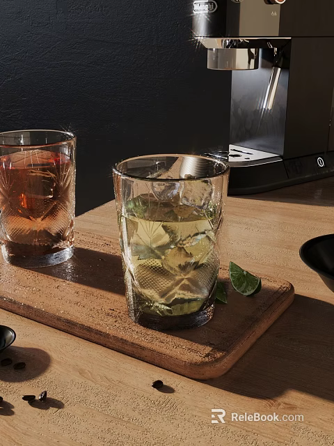Two Glasses With Brown Liquid And Green Drink Lime On Wooden Tray Near Coffee Machine 3d model 