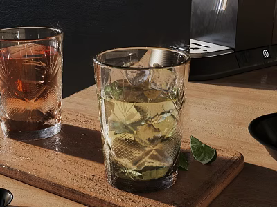 Two Glasses With Brown Liquid And Green Drink Lime On Wooden Tray Near Coffee Machine 3d model