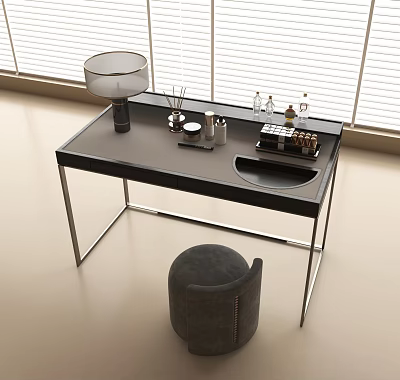 Modern Dressing Table With Black Countertop Metal Frame Grey Stool Lamp Diffuser Cosmetic Bottles Tray 3d model