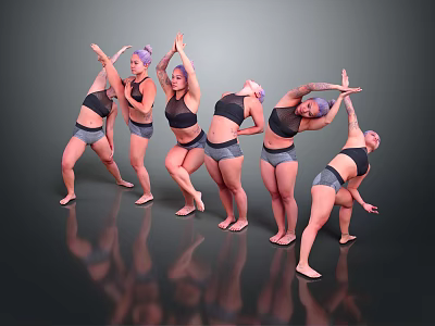 Women Dancing in Dynamic Poses Wearing Activewear on Dark Reflective Background 3d model