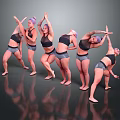 Women Dancing in Dynamic Poses Wearing Activewear on Dark Reflective Background