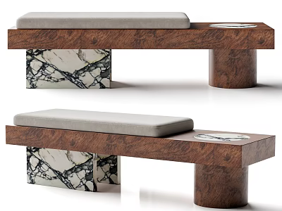 Contemporary Wooden Bench With Gray Cushion Marble Patterned And Cylindrical Supports 3d model