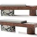 Contemporary Wooden Bench With Gray Cushion Marble Patterned And Cylindrical Supports