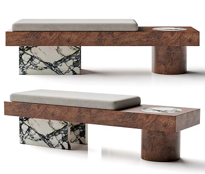 Contemporary Wooden Bench With Gray Cushion Marble Patterned And Cylindrical Supports 3d model