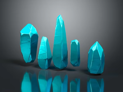 Polished Blue Geometric Crystal Shapes In Various Sizes On Reflective Black Surface 3d model