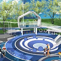 Outdoor Playground Equipment Featuring Blue White Circular Design And Slide Climbing Structure