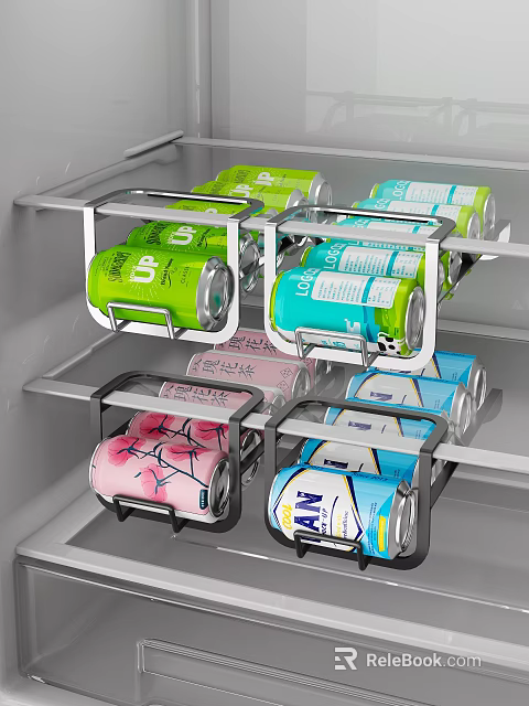 Metal Fridge Storage Rack Organizing Various Color Beverage Cans Inside 3d model 