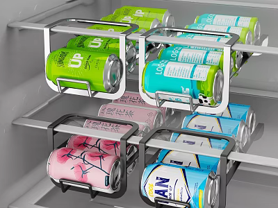 Metal Fridge Storage Rack Organizing Various Color Beverage Cans Inside 3d model