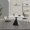 Modern Round Dining Table Set With Woven Back Chairs And Black Cone Base 3d model