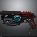 Futuristic Sci Fi Gun with Red Black Body Blue Glowing Accents and Number 66 Detail