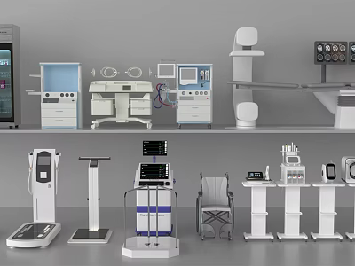 Various Modern Medical Devices Such As Monitoring Equipment Treatment Consoles And Surgical Instruments 3d model