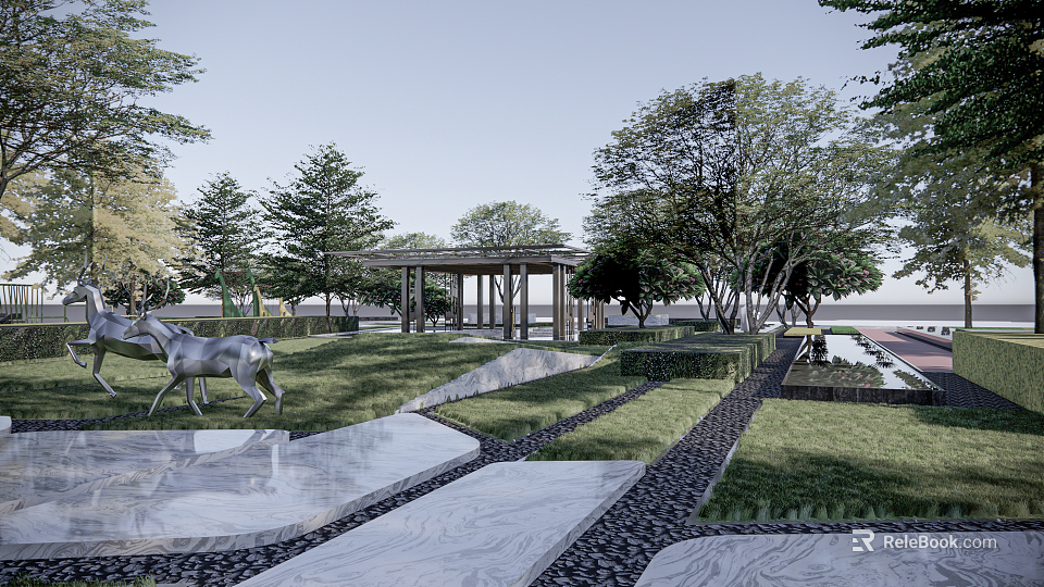 Scenic Park Landscape With Horse Sculpture Stone Paths Trees And Pavilion 3d model 