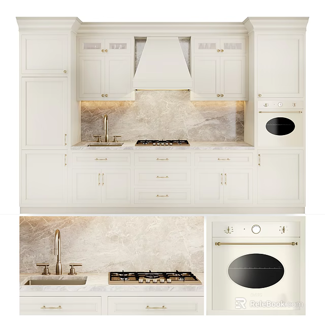 Modern Kitchen With White Cabinets Marble Countertop Range Hood And Oven 3d model