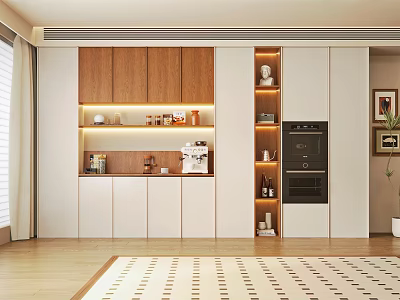 Modern Minimalist Sideboard With Wooden And White Finish LED Lighting Open Shelves Coffee Machine Decor 3d model