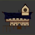 Traditional Stilted Multi Level Building With Blue Roof Circular Windows And Wooden Structure