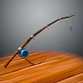 Fishing Rod With Wooden Body Blue Reel Yellow Line Fish Hook And Wooden Surface 3d model