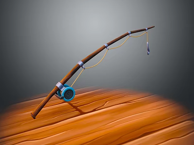 Fishing Rod With Wooden Body Blue Reel Yellow Line Fish Hook And Wooden Surface 3d model
