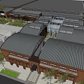 Modern Commercial Street With Traditional Archways Glass Curtain Walls Green Lawns And Water Features