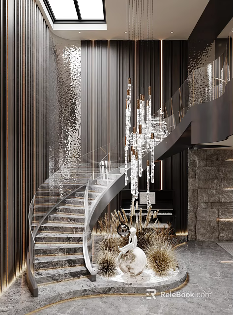Modern Luxury Staircase Design With Glass Handrail Marble Steps And Crystal Chandelier 3d model 