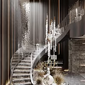 Modern Luxury Staircase Design With Glass Handrail Marble Steps And Crystal Chandelier