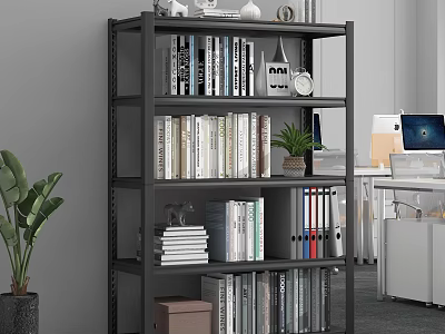 Modern Home Office Desk With Bookshelf Books Plant And Clock Organized Workspace 3d model