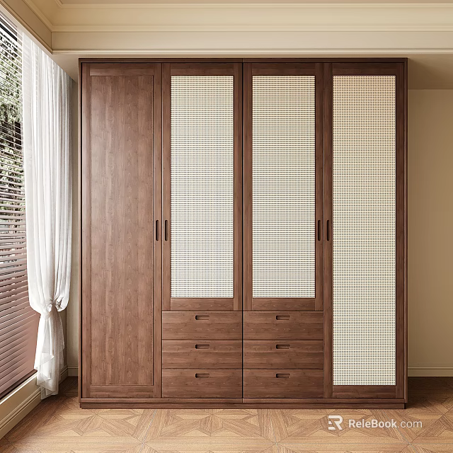 Modern Wooden Wardrobe With Panel Doors And Drawer Storage Design 3d model 