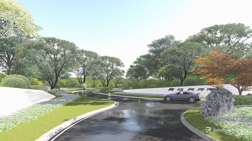 Natural Scenic Wall Landscape Design With Green Trees Curved Road And Lush Lawn 3d model 