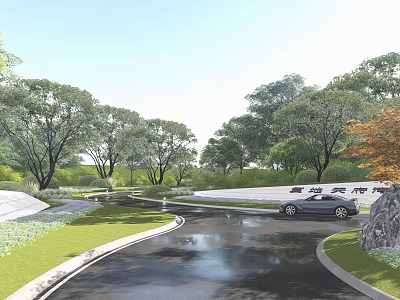 Natural Scenic Wall Landscape Design With Green Trees Curved Road And Lush Lawn 3d model