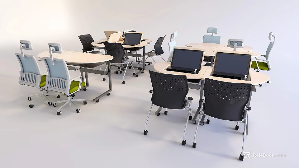 Modern Conference Table Setup With Laptops And Ergonomic Chairs In Office Space 3d model 