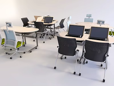 Modern Conference Table Setup With Laptops And Ergonomic Chairs In Office Space 3d model
