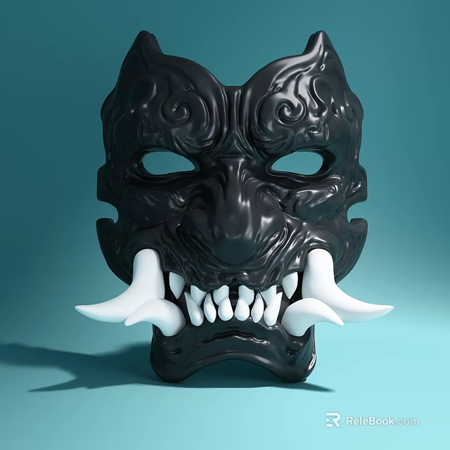 Black Mask Sculpture With Intricate Carvings White Fangs And Detailed Artistic Design 3d model 