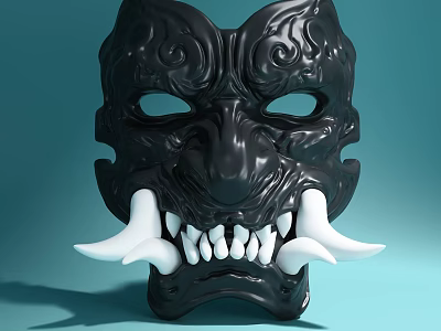 Black Mask Sculpture With Intricate Carvings White Fangs And Detailed Artistic Design 3d model