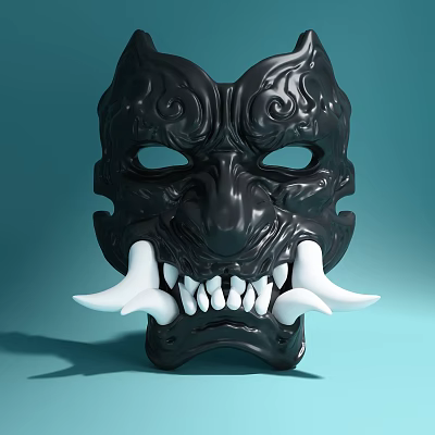 Black Mask Sculpture With Intricate Carvings White Fangs And Detailed Artistic Design 3d model
