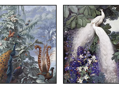 Artistic Painting of Colorful Birds White Peacock and Lush Floral Leaves 3d model