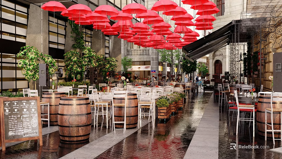 Commercial Street with Outdoor Dining Area Red Umbrellas Wooden Barrels Tables Chairs and Green Plants 3d model 
