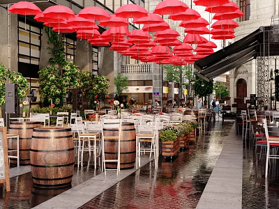 Commercial Street with Outdoor Dining Area Red Umbrellas Wooden Barrels Tables Chairs and Green Plants 3d model
