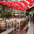 Commercial Street with Outdoor Dining Area Red Umbrellas Wooden Barrels Tables Chairs and Green Plants