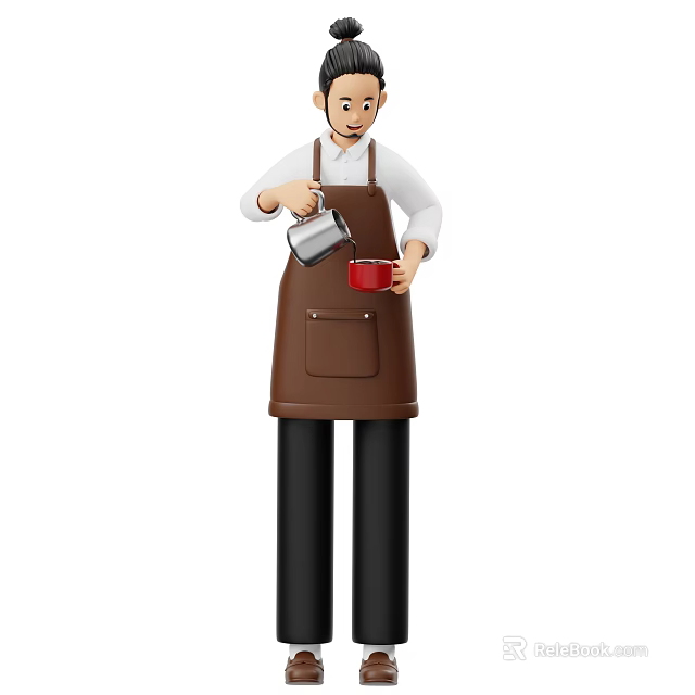 Woman wearing brown apron pouring beverage from silver pot into red cup 3d model 