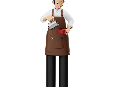 Woman wearing brown apron pouring beverage from silver pot into red cup 3d model