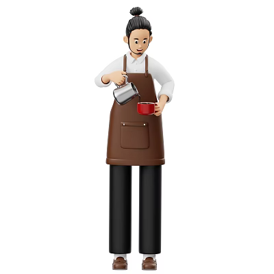 Woman wearing brown apron pouring beverage from silver pot into red cup 3d model