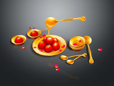 Golden Utensils Display With Red Tomatoes And Petals On Black Surface 3d model