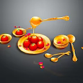 Golden Utensils Display With Red Tomatoes And Petals On Black Surface