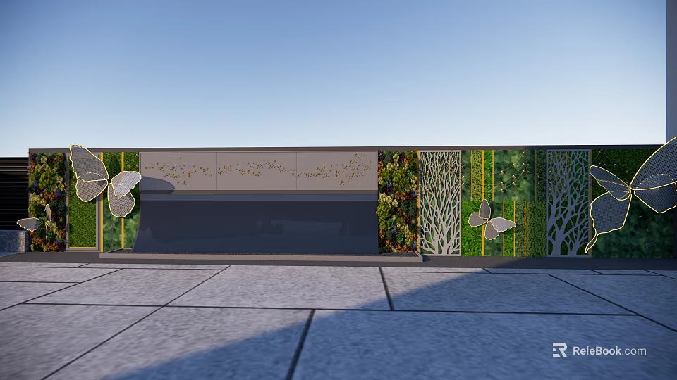 Elegant Outdoor Feature Wall With Butterfly Decorations Green Plants And Tree Cutouts 3d model 