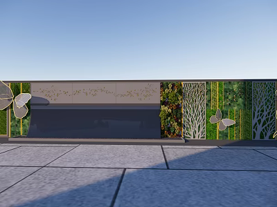 Elegant Outdoor Feature Wall With Butterfly Decorations Green Plants And Tree Cutouts 3d model