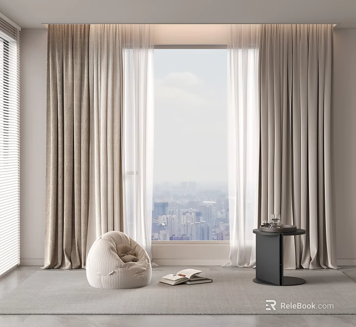Light Beige Curtain In Modern Living Room With Floor To Ceiling Window And City View 3d model 