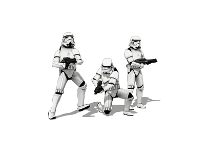 Three Smart Machines in White Armor Standing and Holding Weapons 3d model