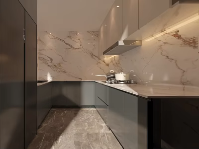 Modern Kitchen Interior With Marble Backsplash Dark Cabinets And Stainless Steel Appliances 3d model
