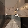 Modern Kitchen Interior With Marble Backsplash Dark Cabinets And Stainless Steel Appliances