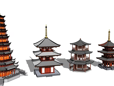 Traditional Chinese Pagodas In Different Styles With Multi tiered Structures And Classic Design 3d model