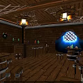 Wooden Interior With Barrel Tables Wine Racks Ship Wheel Chandeliers And Blue Lit Archway
